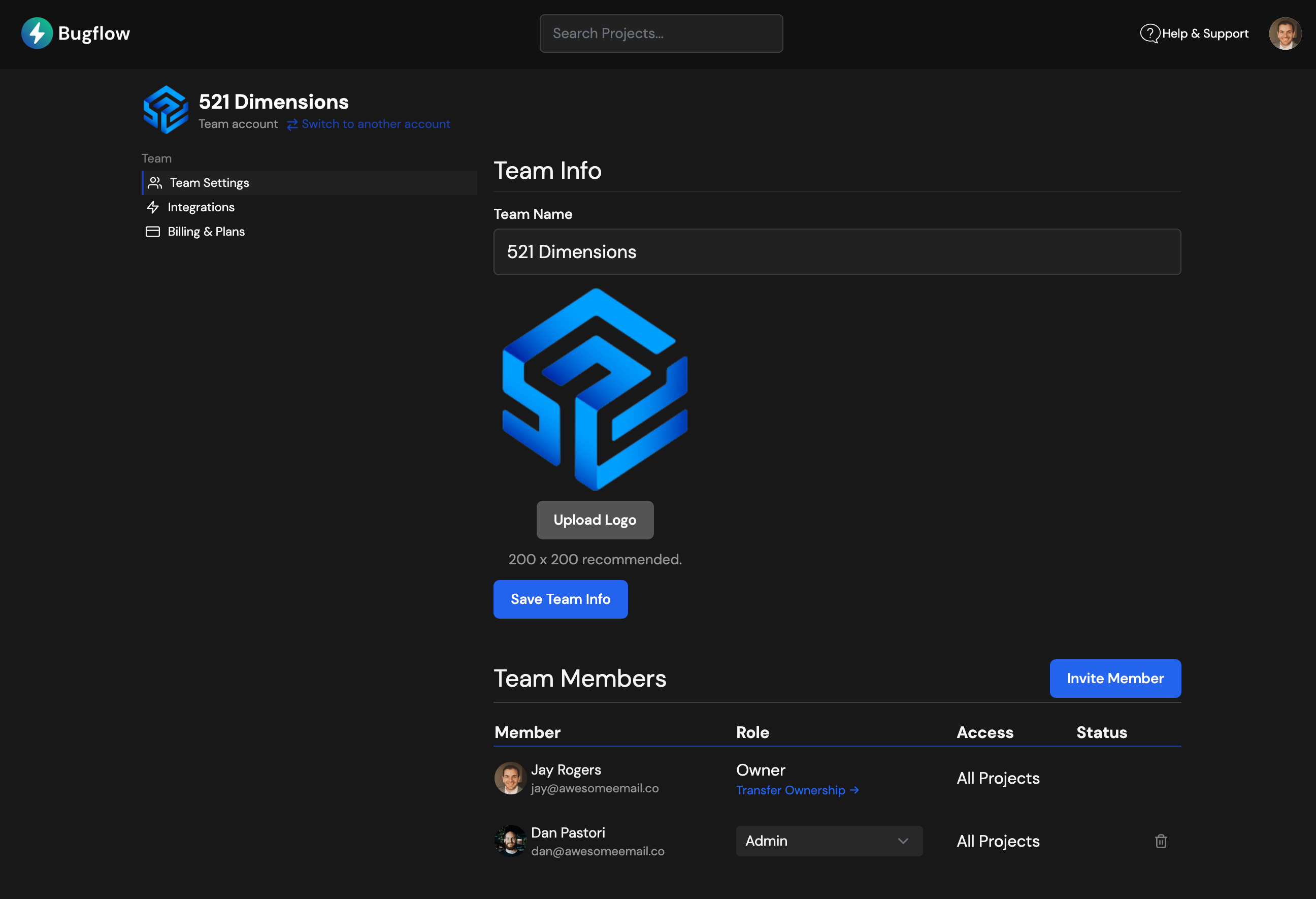 Team Settings in Bugflow