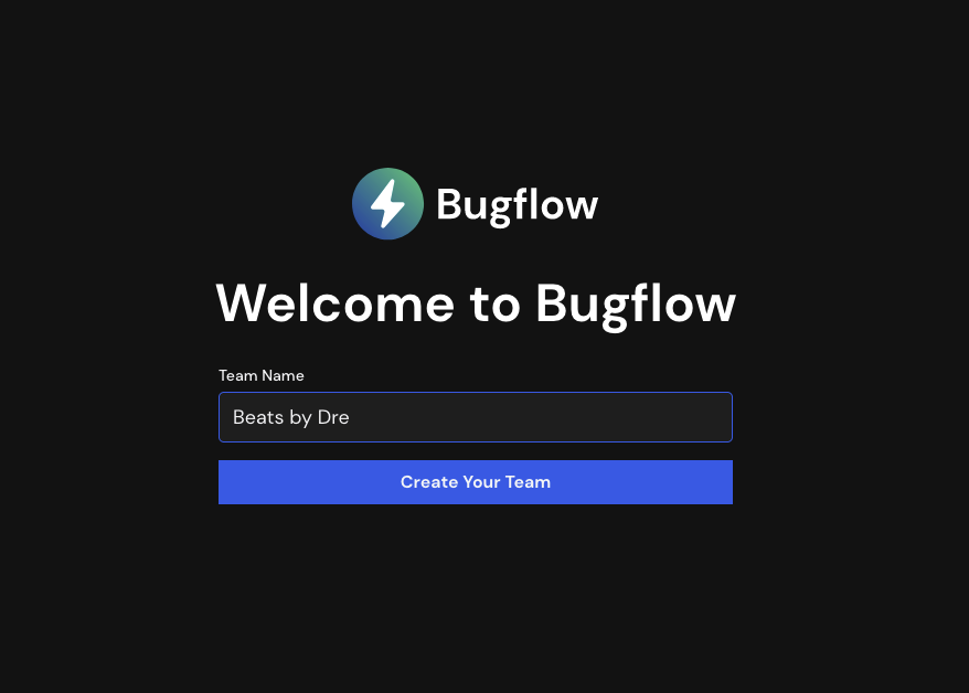 Create team screen in Bugflow