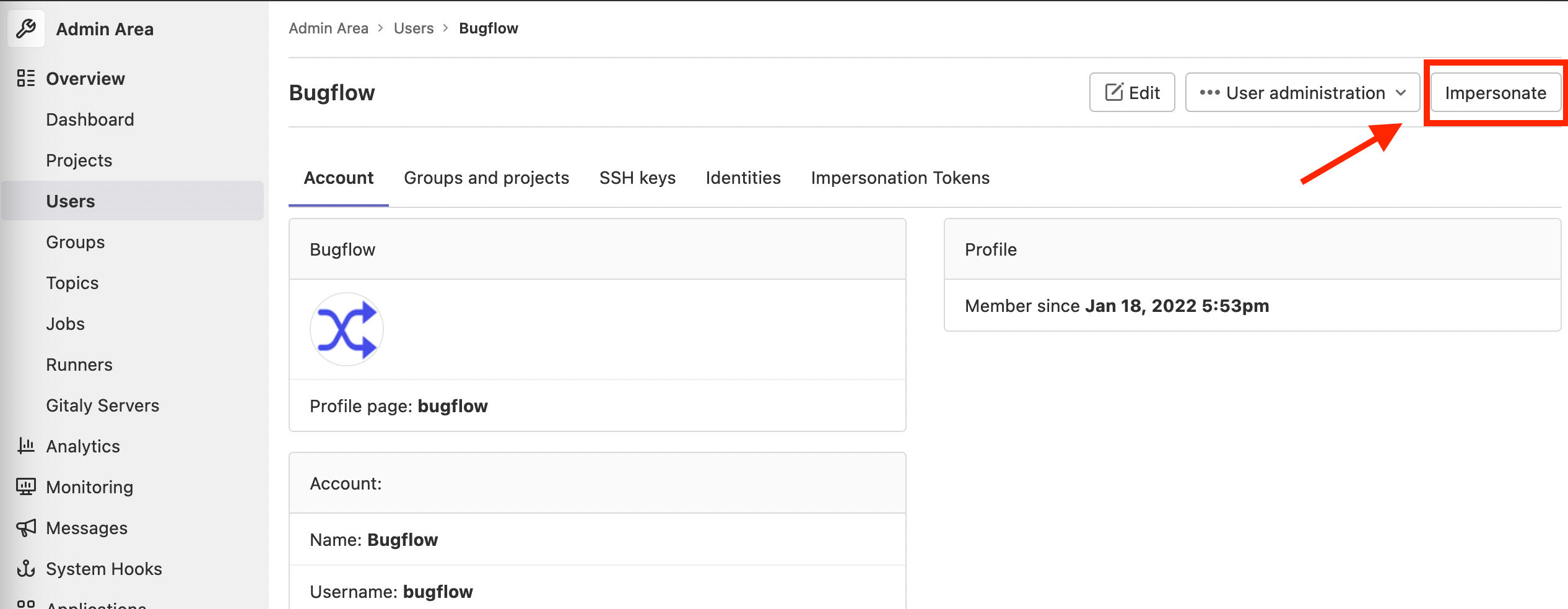 Impersonate a user in GitLab