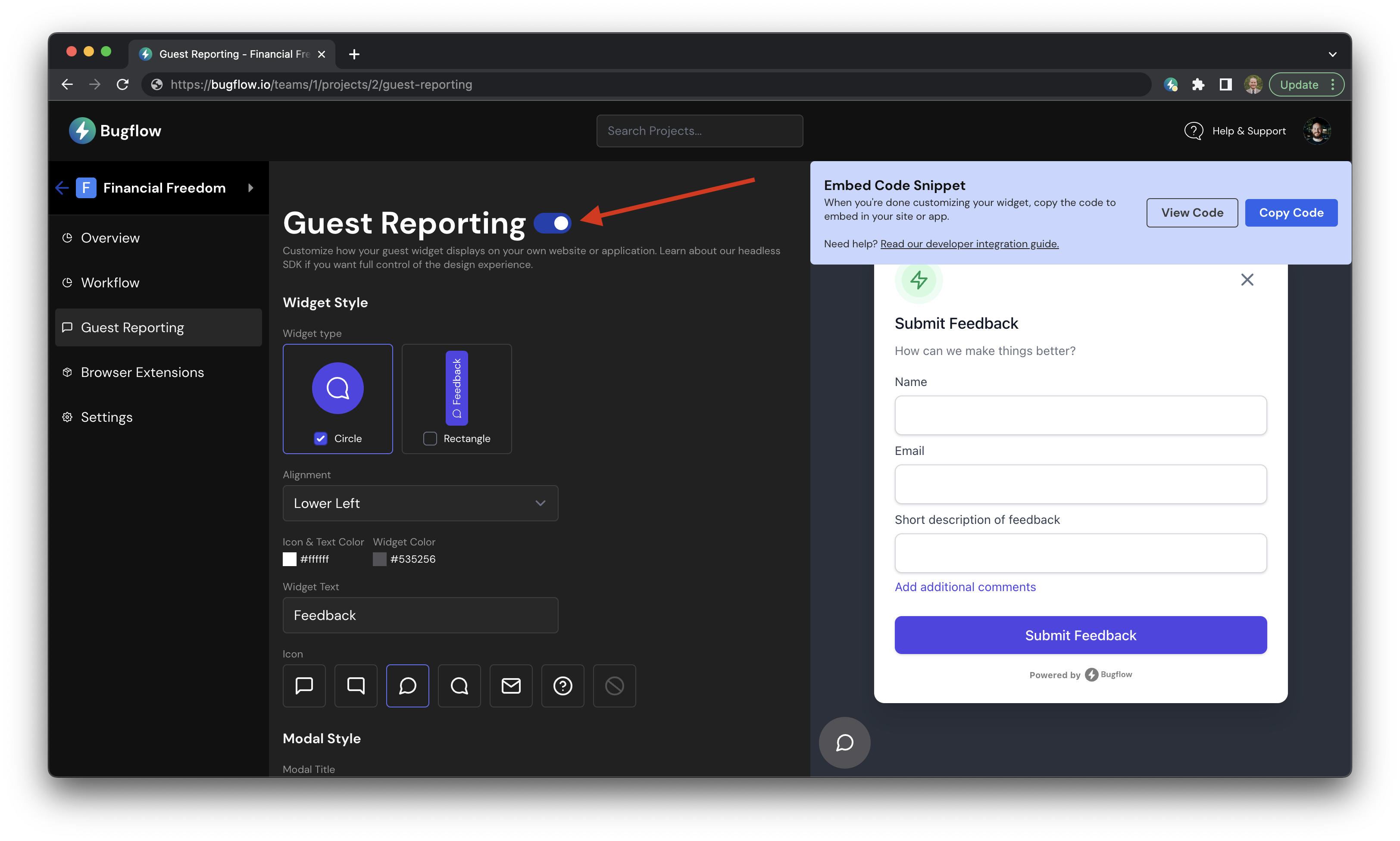 Where to enable guest reporting on Bugflow
